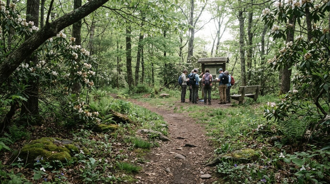 Nature walk group gathered at interpretive sign in Appalachian forest clearing, May morning