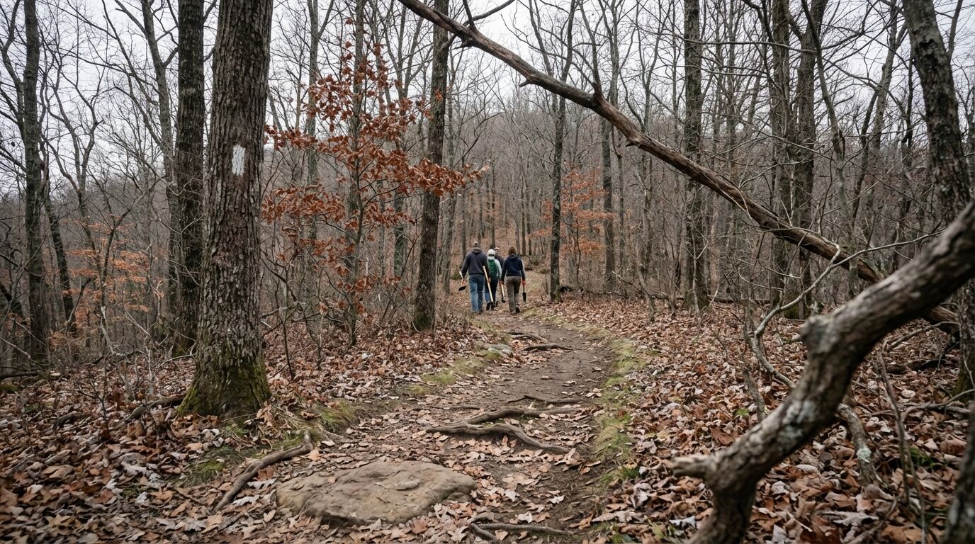 Volunteers maintaining a forest trail in Appalachian hardwood forest, overcast November day