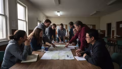 Community members gathered around maps discussing local conservation project at town hall