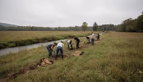 Volunteers planting native seedlings along stream bank during restoration project