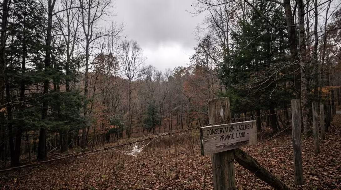 Protected land boundary with weathered fence posts through mixed forest, early November