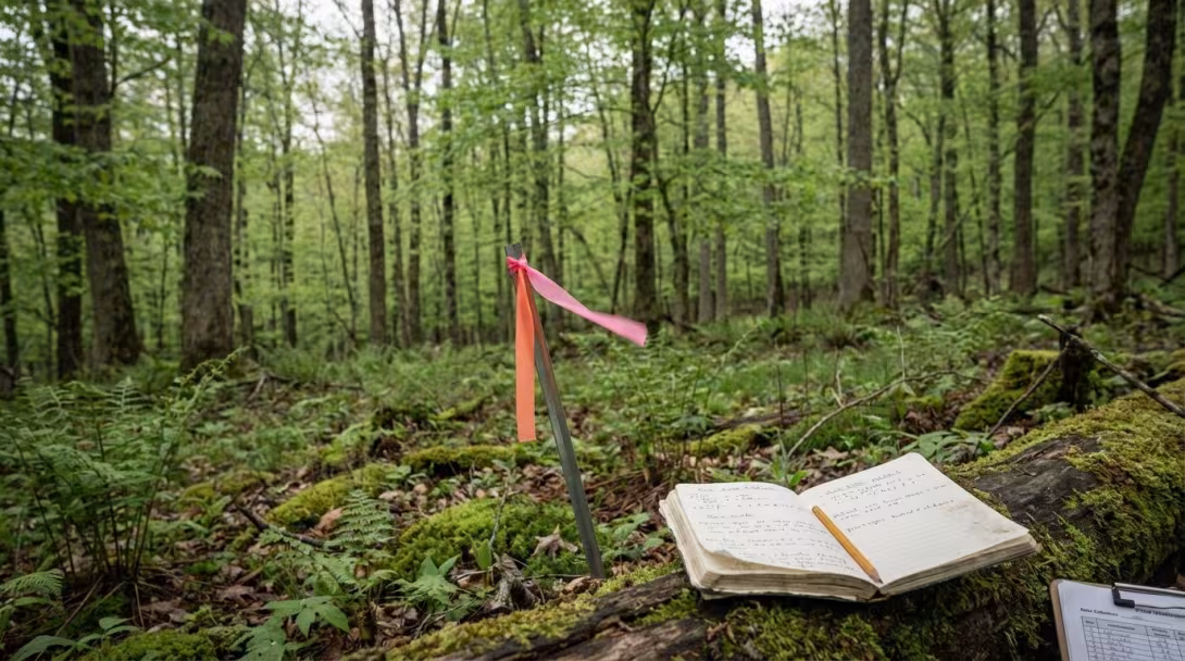 Forest monitoring plot with marker stake and field notebook in Appalachian woodland, May