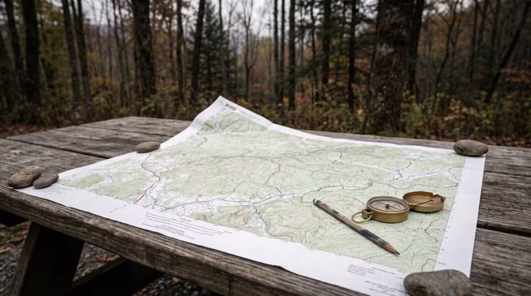 Unfolded topographic map on weathered picnic table with compass and pencil, overcast afternoon